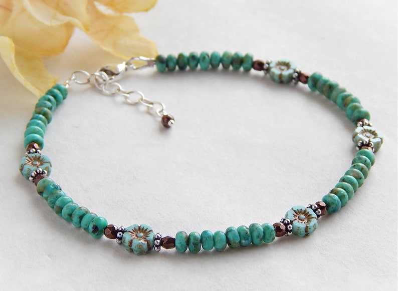 Turquoise Anklet for Women, Turquoise Ankle Bracelet, Flower Anklet, Turquoise Jewelry, Sterling Silver Beaded Boho Anklet, Beach Anklet image 3