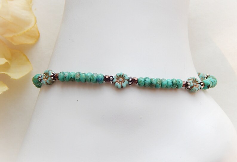 Turquoise Anklet for Women, Turquoise Ankle Bracelet, Flower Anklet, Turquoise Jewelry, Sterling Silver Beaded Boho Anklet, Beach Anklet image 5