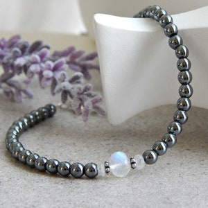 Moonstone and Hematite Bracelet for Women Sterling Silver, Moonstone Jewelry, June Birthstone Gift, June Birthday Gift