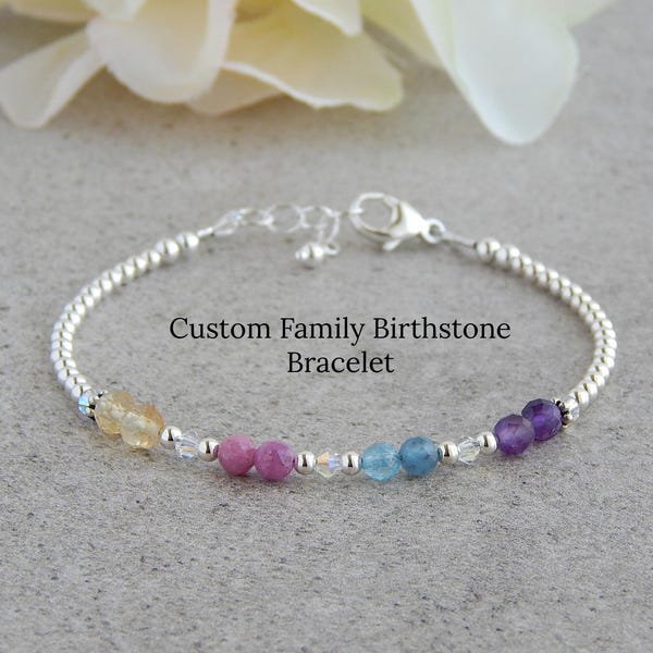 Personalized Birthstone Bracelets for Women, Family Birthstone Bracelet Beaded Sterling Silver, Custom Birthstone Bracelet for Grandma