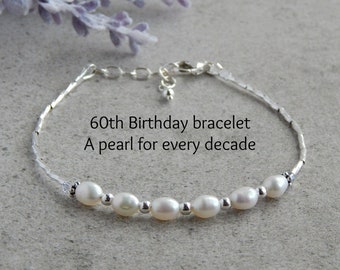 60th Birthday Gift for Women Jewelry, 60th Birthday Bracelet, Freshwater Pearl Bracelet, June Birthstone Bracelet, Decade Bracelet