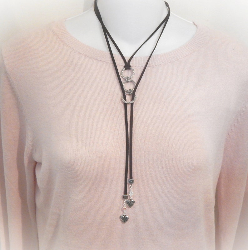 Leather Lariat Choker Necklace with Crystal Hearts, Boho Leather Necklace, Leather Jewelry, Wrap Necklace image 8