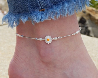 Flower Anklet, Sterling Silver Ankle Bracelet for Women, Pearl Anklets for Women, Pearl Ankle Bracelet, Beach Anklet, Daisy Ankle Bracelet