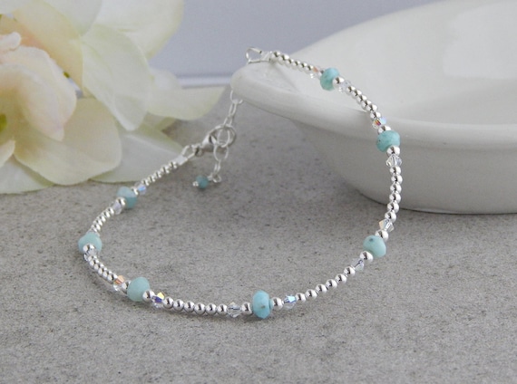 Sterling Silver Larimar Ankle Bracelet , Dainty Larimar Anklet, Anklet for Women, Beach Anklet, Something Blue Gift for Bride