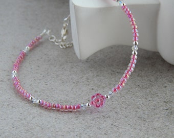 Pink Flower Anklet for Women, Sterling Silver Anklet, Flower Ankle Bracelet, Seed Bead Anklet, Flower Jewelry, Boho Beach Anklet