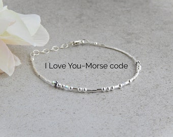 I Love You Bracelet Morse Code, Morse Code Bracelet Sterling Silver, Morse Code Bracelet for Women, I Love You Gifts for Her