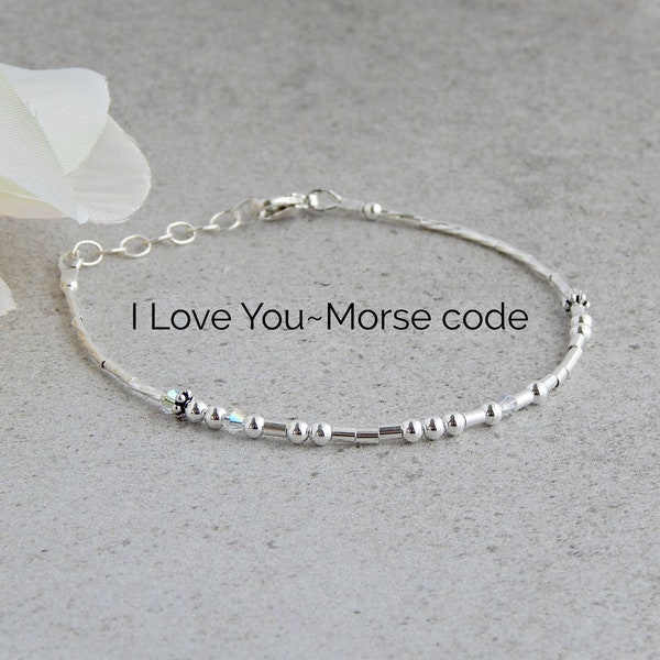 I Love You Bracelet Morse Code, Morse Code Bracelet Sterling Silver, Morse Code Bracelet for Women, I Love You Gifts for Her