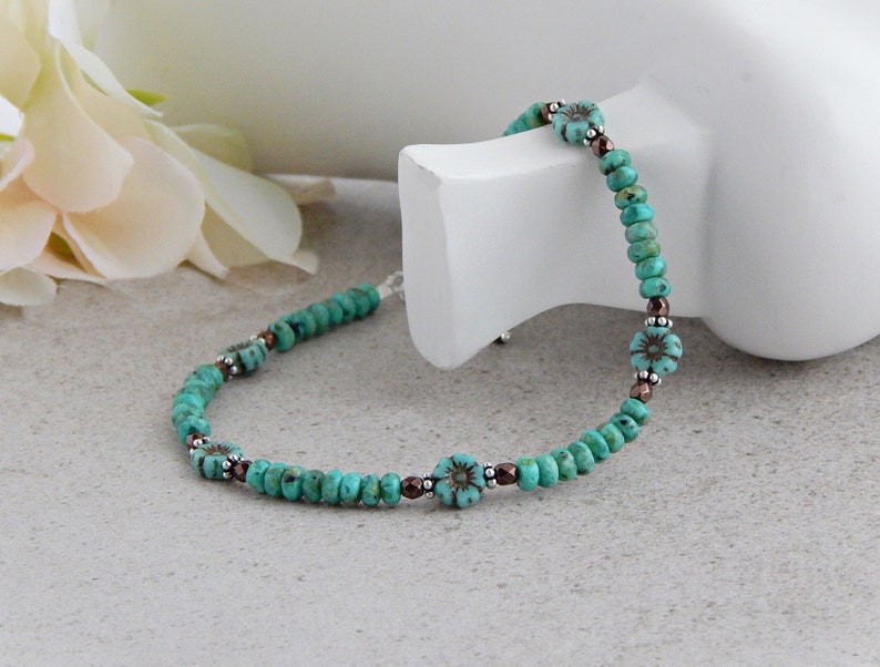 Turquoise Anklet for Women, Turquoise Ankle Bracelet, Flower Anklet, Turquoise Jewelry, Sterling Silver Beaded Boho Anklet, Beach Anklet image 1