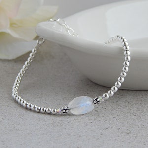 Moonstone Bracelet Sterling Silver, Moonstone Bracelet for Women, Rainbow Moonstone Bracelet, June Birthstone Bracelet, June Birthday Gift