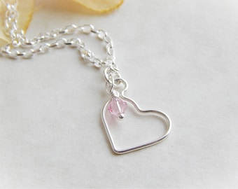 Sterling Silver Open Heart Necklace with a Crystal, Floating Heart Necklace, Heart Jewelry, Heart with Crystal