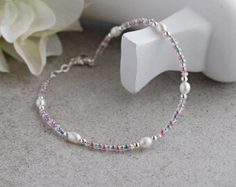 Pearl Anklets for Women Sterling Silver, Pearl Ankle Bracelets for Women, Pastel Anklet, Beach Anklet for Women, Boho Pearl Anklet