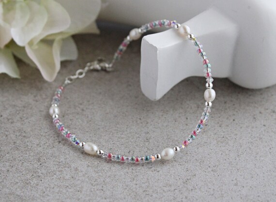 Pearl Anklets for Women Sterling Silver, Pearl Ankle Bracelets for Women, Pastel Anklet, Beach Anklet for Women, Boho Pearl Anklet