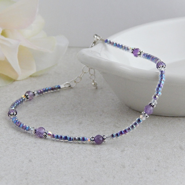 Amethyst Anklet, Anklets for Women, Gemstone Anklet, Beach Anklet, February Birthstone, Amethyst Jewelry, Sterling Silver