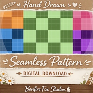 Könnte beinhalten: Eine digitale Grafik mit drei vertikalen Feldern aus Karomustern in Orange und Blau, Hell- und Dunkelgrün sowie Pink und Lila. Der Text lautet Hand Drawn Seamless Pattern DIGITAL DOWNLOAD und Bonfire Fox Studios.