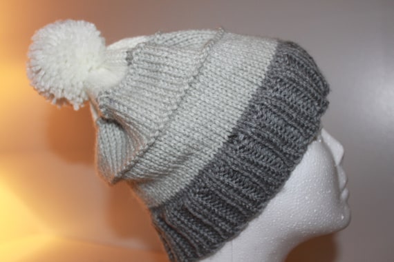 Gray and White Knit Hat Kinley Knit Beanie Hat with Finn Raccoon Pom Pom in Grey  main image 4
