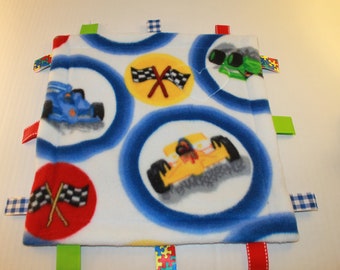 Race car fleece blanket with ribbon tags