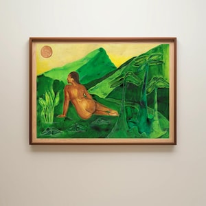 In Gold- und Grüntönen: Sonnenbeschienene, von der Natur inspirierte Wandkunst | Tropisches Grün Gemälde | Entspannendes tropisches Landschaftsdekor