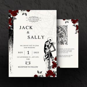 Könnte beinhalten: Eine schwarz-weiße Hochzeitseinladung im gotischen Stil. Die Einladung zeigt Jack und Sally aus dem Film Nightmare Before Christmas. Die Einladung ist mit roten Rosen und einem Spinnennetz-Design verziert. Der Text auf der Einladung lautet "Save the Date, Jack & Sally, We invite you to join our wedding, Nov 1, 2025, 123 Anywhere St., Any City, Time, Reception to follow."