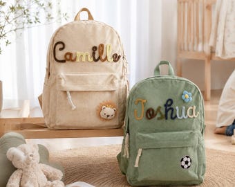 Gepersonaliseerde corduroy rugzak, aangepaste naam kinderschooltas, kleuterschoolrugzak peuter, terug naar school cadeau voor jongens en meisjes, schoolcadeau