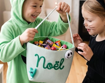 Personalized Halloween Candy Bag, Custom Name Candy Basket, Seersucker Bag, Halloween Decor, Trick or Treat Basket, Halloween Gift for Kids,