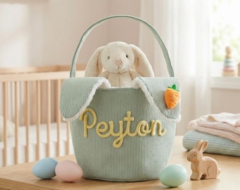 Personalized Easter Bunny Basket, Rabbit ears basket, Easter Gift, Foldable Basket, Egg Hunt Basket, Embroidered Basket For Kids,Toy Storage