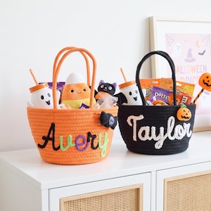 Bolsa de algodón de azúcar personalizada para Halloween, bolsa de dulces con nombre personalizado, decoración de Halloween, truco o trato, regalo de Halloween para niños, cubo de Halloween