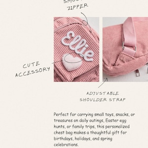 May include: A pink corduroy chest bag featuring the name Ellie in white script lettering, a small plush heart accessory, a smooth zipper, and an adjustable shoulder strap. The bag is designed for carrying small items and includes text labels.