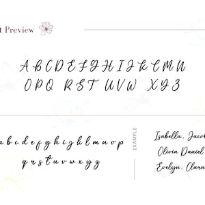 May include: A font preview chart displaying a black cursive script typeface. The image includes uppercase letters A through Z, lowercase letters a through z, and example names Isabella, Jacob, Olivia, Daniel, Evelyn, and Clara on a white background.
