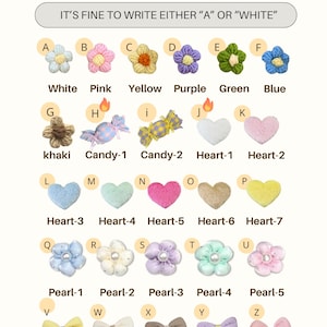 May include: A collection of small craft embellishments labeled A through Z, including fabric flowers, candy shapes, hearts, pearl-centered blossoms, and bows in various colors. The text reads ACCESSORIES and IT'S FINE TO WRITE EITHER A OR WHITE.