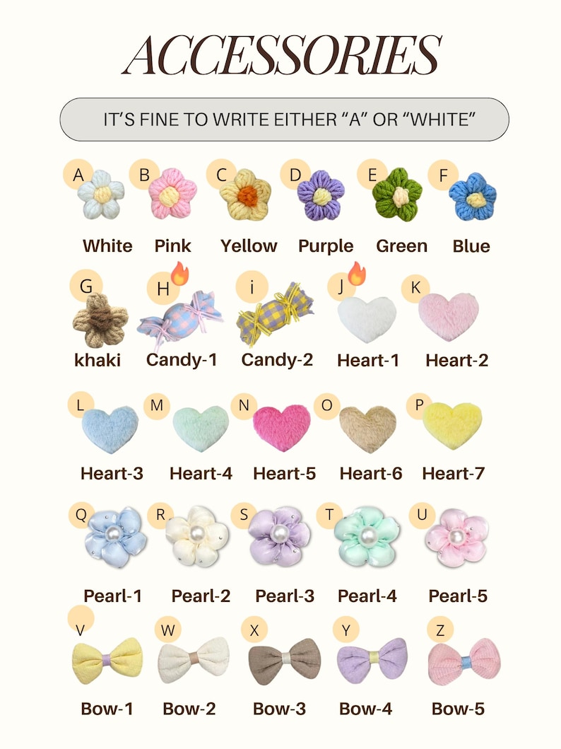 May include: A collection of small craft embellishments labeled A through Z, including fabric flowers, candy shapes, hearts, pearl-centered blossoms, and bows in various colors. The text reads ACCESSORIES and IT'S FINE TO WRITE EITHER A OR WHITE.