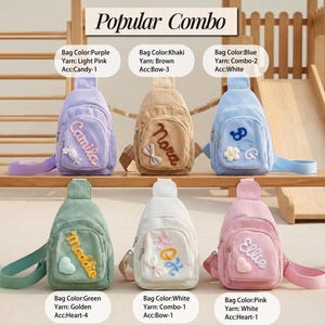 May include: Six corduroy sling bags in purple, khaki, blue, green, white, and pink. Each bag features a front pocket with custom embroidered names or initials, and decorative accessories like hearts, bows, or candy shapes. Text reads Popular Combo.
