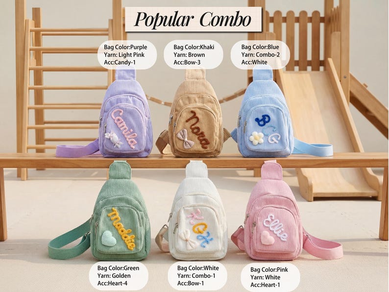 May include: Six corduroy sling bags in purple, khaki, blue, green, white, and pink. Each bag features a front pocket with custom embroidered names or initials, and decorative accessories like hearts, bows, or candy shapes. Text reads Popular Combo.