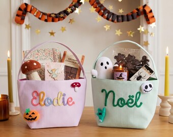 Personalized Halloween Candy Bag, Custom Name Candy Basket, Seersucker Bag, Halloween Decor, Trick or Treat Basket, Halloween Gift for Kids,
