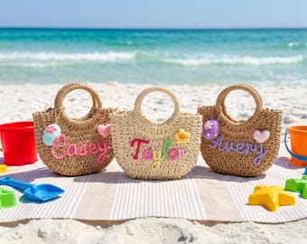 Borsa da spiaggia personalizzata per bambini, borsa tote da spiaggia in paglia personalizzata, borsetta per neonati fatta a mano, regalo per bambini, borsa da viaggio estiva per bambini piccoli, borsa a tracolla