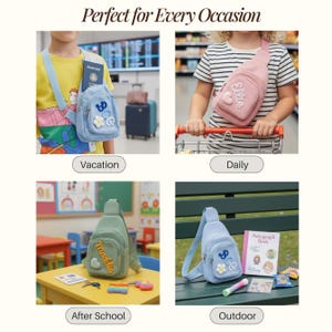 May include: A collection of four corduroy sling bags in light blue, pink, and sage green. Each bag features a front zippered pocket, an adjustable shoulder strap, and decorative patches including letters, hearts, and flowers. The bags are shown in various settings.