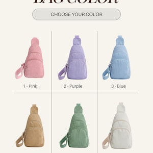 May include: A color chart for a corduroy sling bag featuring the text BAG COLOR and CHOOSE YOUR COLOR. Six bags are displayed in pink, purple, blue, khaki, green, and white, each labeled with a corresponding number and color name below the image.