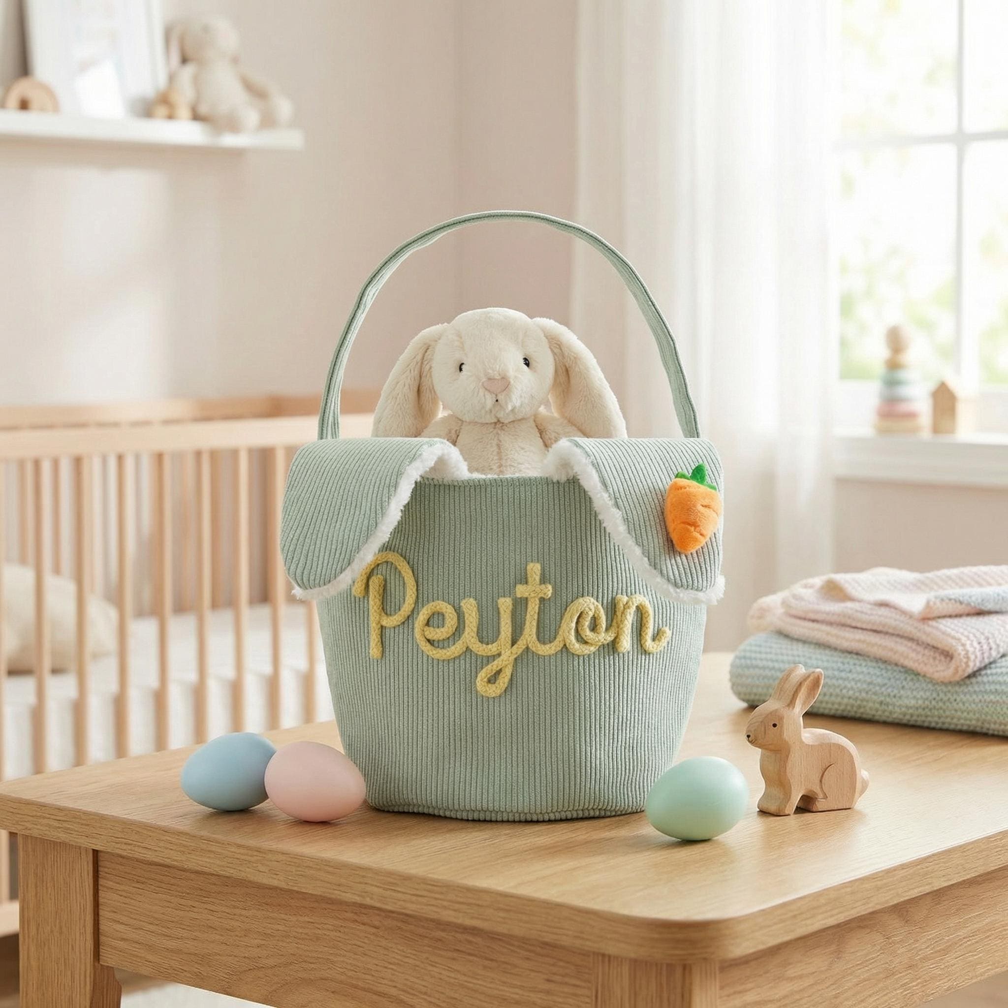 Cestino Pasquale Per Bambini Con Orecchie Da Coniglio | Peluche Blu | Regalo Per Uova E Caramelle - 4