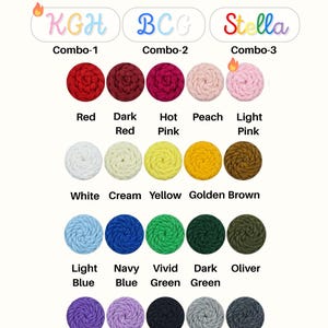 May include: A color chart titled YARN COLOR displaying twenty circular yarn samples in various shades. The chart includes three labeled combinations: KGH Combo-1, BCG Combo-2, and Stella Combo-3. Each yarn sample is labeled with its corresponding color name.