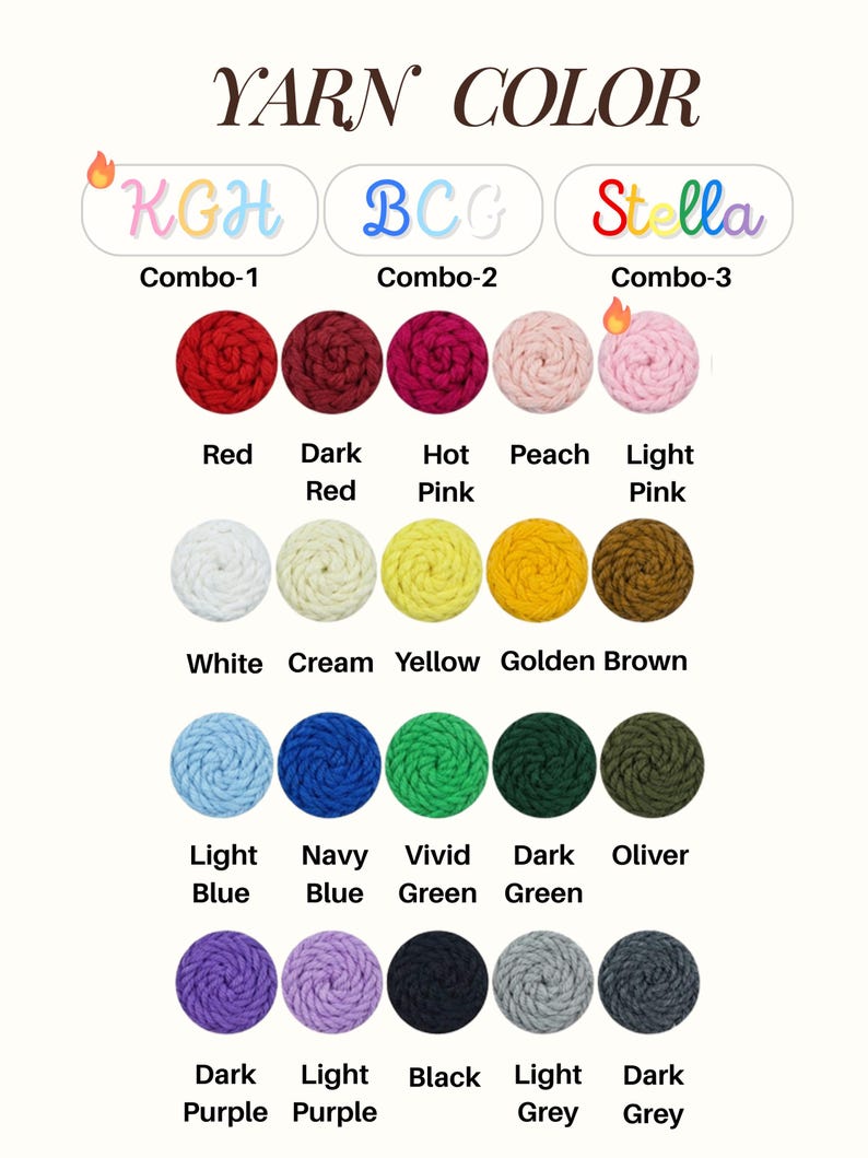 May include: A color chart titled YARN COLOR displaying twenty circular yarn samples in various shades. The chart includes three labeled combinations: KGH Combo-1, BCG Combo-2, and Stella Combo-3. Each yarn sample is labeled with its corresponding color name.