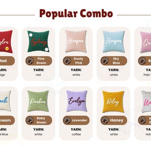 May include: A chart titled Popular Combo displaying ten square textured pillows in various colors including red, pine green, dusty pink, sky blue, berry, cream, baby green, lavender, honey, and mist gray, each featuring a custom name and yarn color.