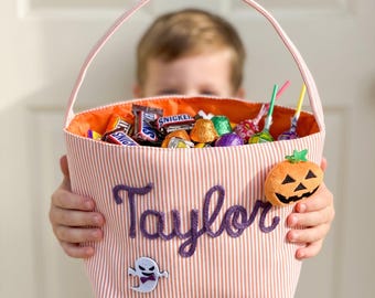 Personalized Halloween Candy Bag, Custom Name Candy Basket, Seersucker Bag, Halloween Decor, Trick or Treat Basket, Halloween Gift for Kids,