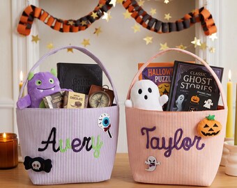Personalized Halloween Candy Bag, Custom Name Candy Basket, Seersucker Bag, Halloween Decor, Trick or Treat Basket, Halloween Gift for Kids,