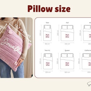 May include: A square lavender corduroy pillow with white cursive text, measuring 17.7 inches by 17.7 inches. The image includes a size chart comparing the 45 cm by 45 cm pillow dimensions against various standard bed sizes like Twin and King.