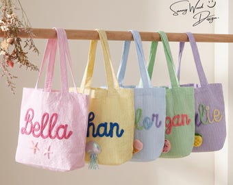 Gepersonaliseerde strandtas voor zomervakantie voor kinderen, aangepaste gestreepte seersucker-draagtas, handgemaakte babyportemonnee, verjaardagscadeau voor kinderen, mini-reishandtas