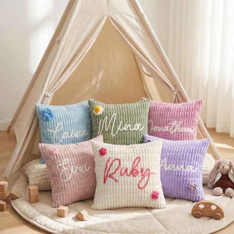 Custom Name Chenille Pillow | Personalized Throw Pillow Cover | Nursery Room Cushion | Baby Shower Gift | Birthday Present | Home Decor image 1
