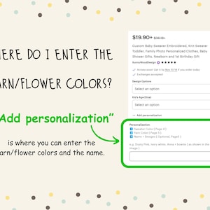 May include: Image showing where to enter yarn and flower colors for a custom baby sweater. Text reads "Add personalization" and explains where to enter the colors and name. A product listing is also visible.