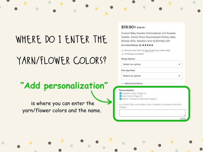 May include: Image showing where to enter yarn and flower colors for a custom baby sweater. Text reads "Add personalization" and explains where to enter the colors and name. A product listing is also visible.