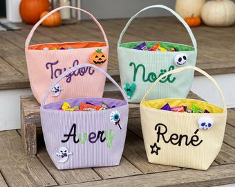 Personalized Halloween Candy Bag, Custom Name Candy Basket, Seersucker Bag, Halloween Decor, Trick or Treat Basket, Halloween Gift for Kids,