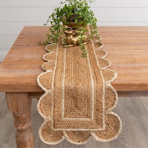 Handmade Braided Natural Jute Scolloped Table Runner: Rustic Boho Dining Table Decor,Table Placemats