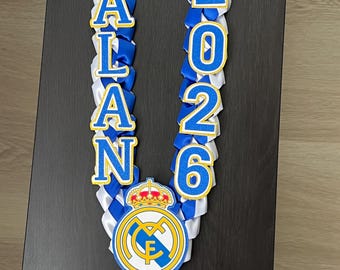 Real Madrid Inspired Graduation Lei | Blue White Gold | Soccer Grad Necklace | Class of 2026